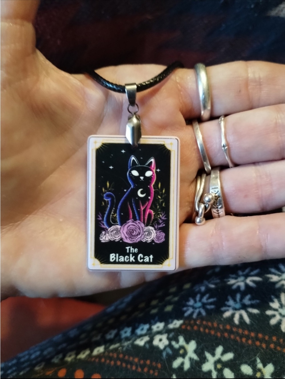 The Black Tarot Cat Pendant Necklace - Black and Purple Cat Design